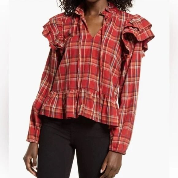 Blank NYC Top Red Plaid Flannel Ruffle Long Sleeves Boho Popover Womens Med - Picture 14 of 14